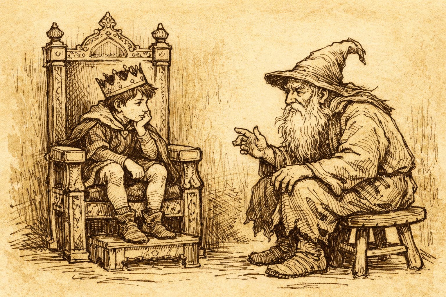 A young King Arthur listens to Merlyn.